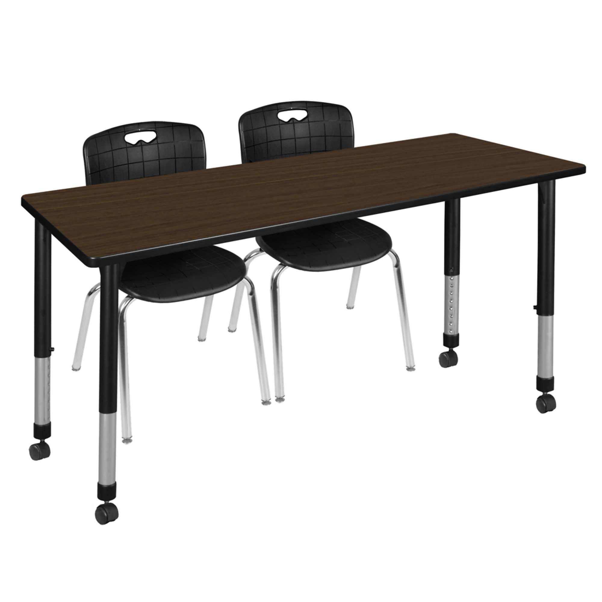Regency Kee Mobile Adjustable Classroom Table and Chairs Set — 72in. x 30in., Neo Walnut Top, Black Base, Includes 2 Black Stack Chairs, Model# MT7230NWAPCBK40BK
